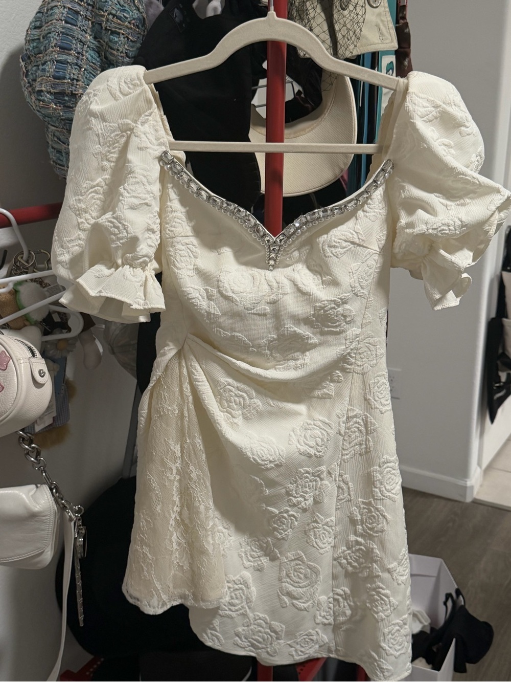 Nana Jacqueline Ivory Puff-Sleeve Embroidered Mini Dress with Crystal V-Neck